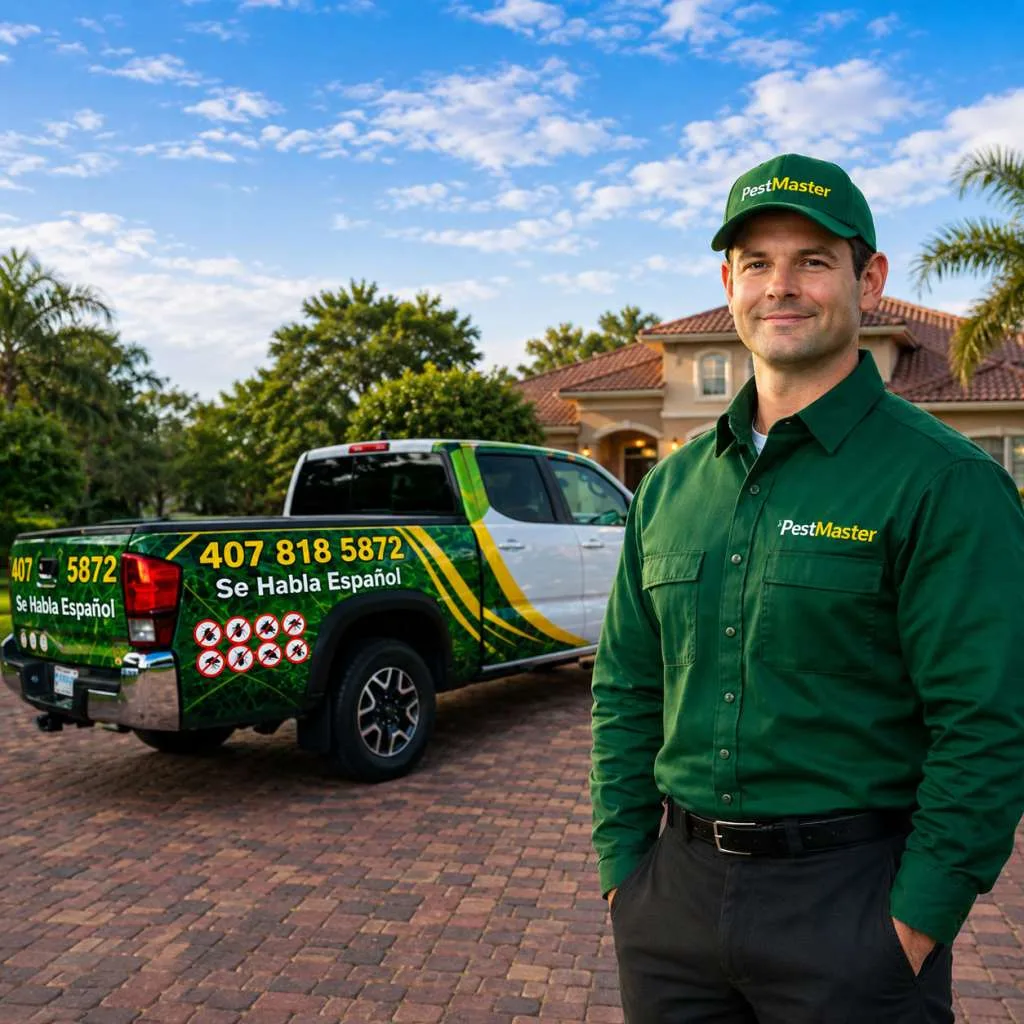 Pestmaster-branded technician and service vehicle outside a home