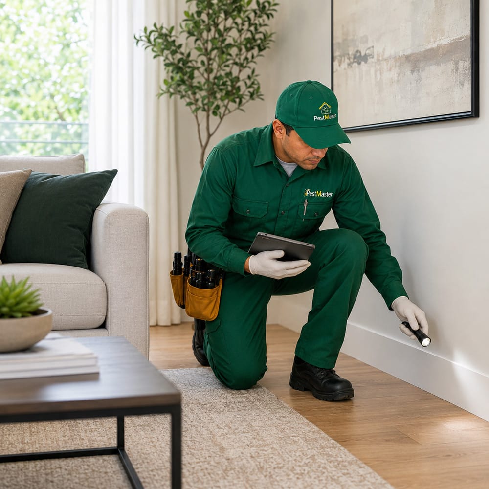 Pestmaster technician inspecting a home for fleas and ticks