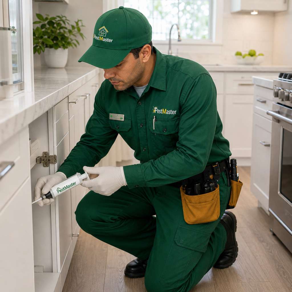 Pestmaster technician treating a kitchen for cockroaches