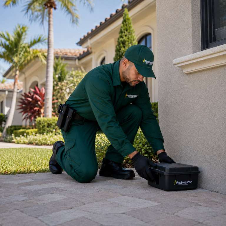 Pestmaster technician placing a bait station outside a residence.