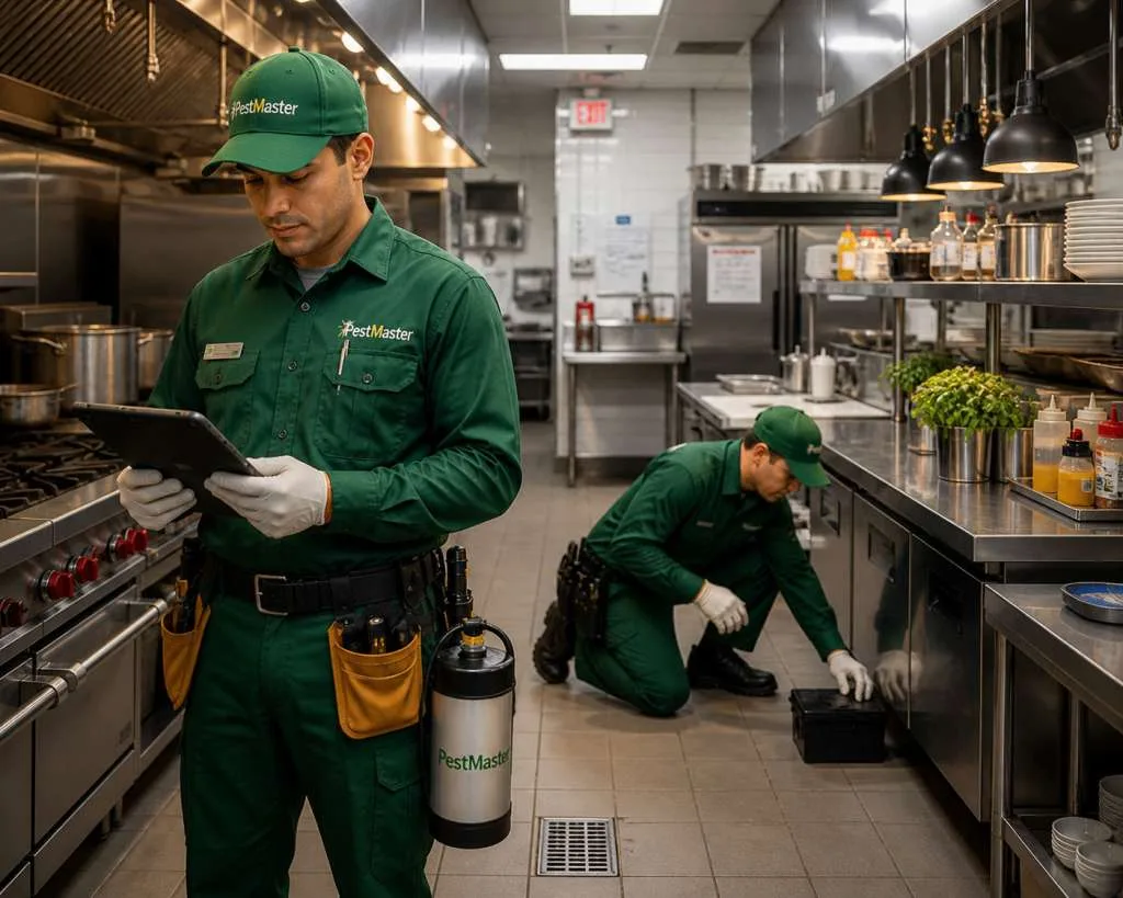 Técnico realizando control de plagas comercial en una cocina de Florida Central