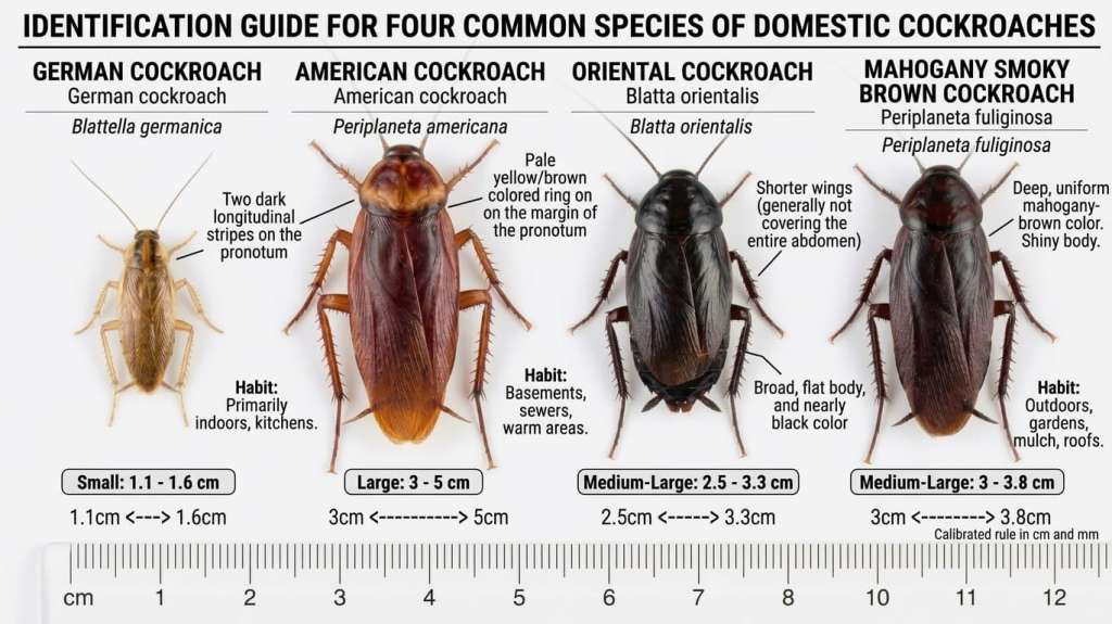 Visual guide to identifying four common cockroach species in Florida.