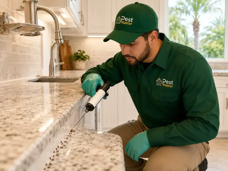 Tecnico Pestmaster aplicando cebo para hormigas