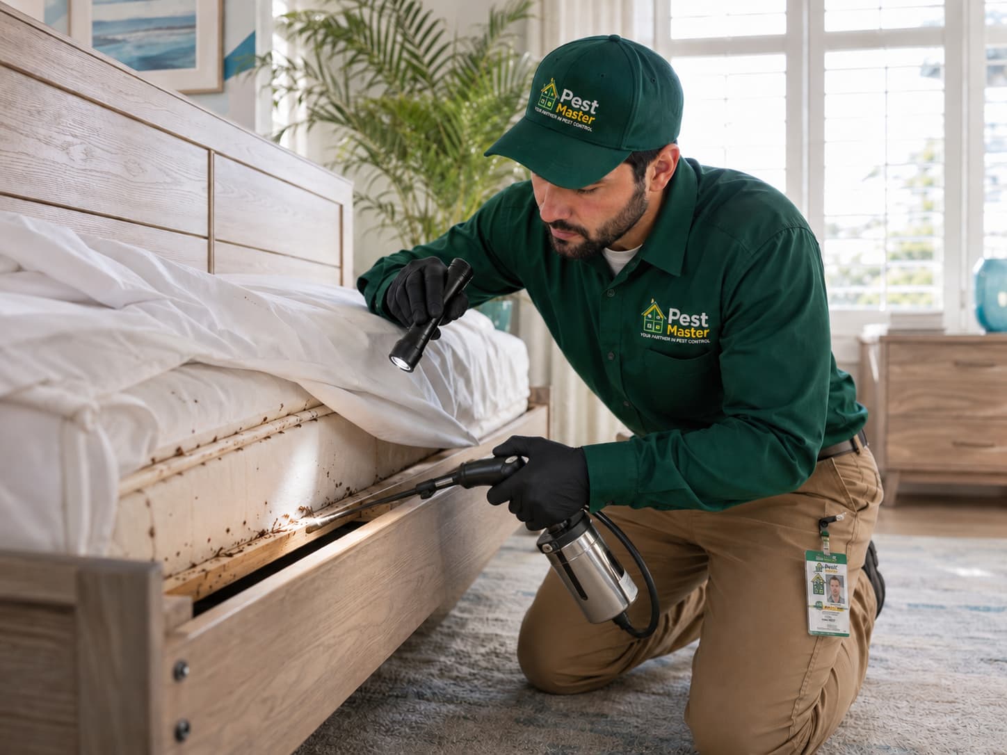 Pestmaster technician performing a professional bed bug inspection in an Orlando home
