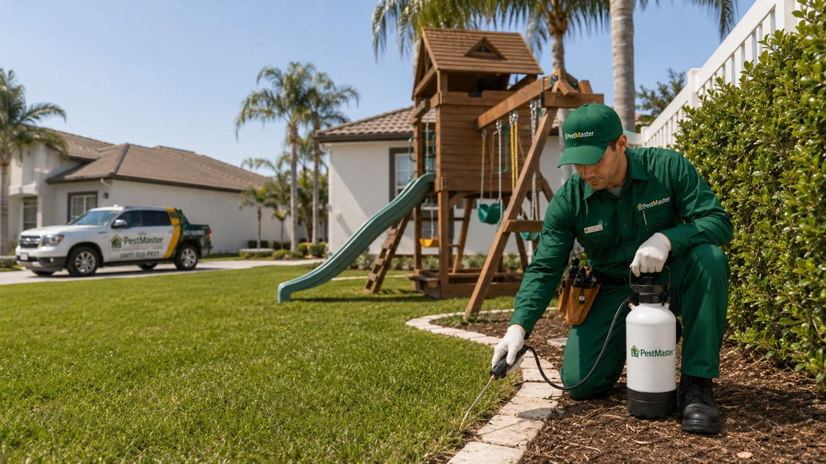 Técnico de Pestmaster tratando un sendero de hormigas en el exterior de una casa en Florida