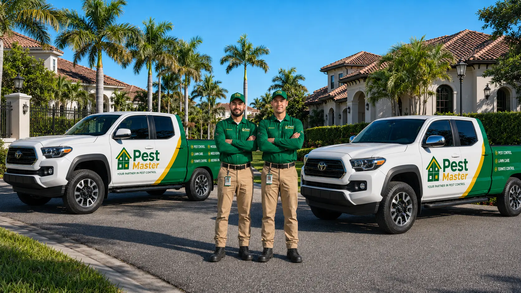 Pestmaster technicians and branded service vehicles in a Central Florida neighborhood