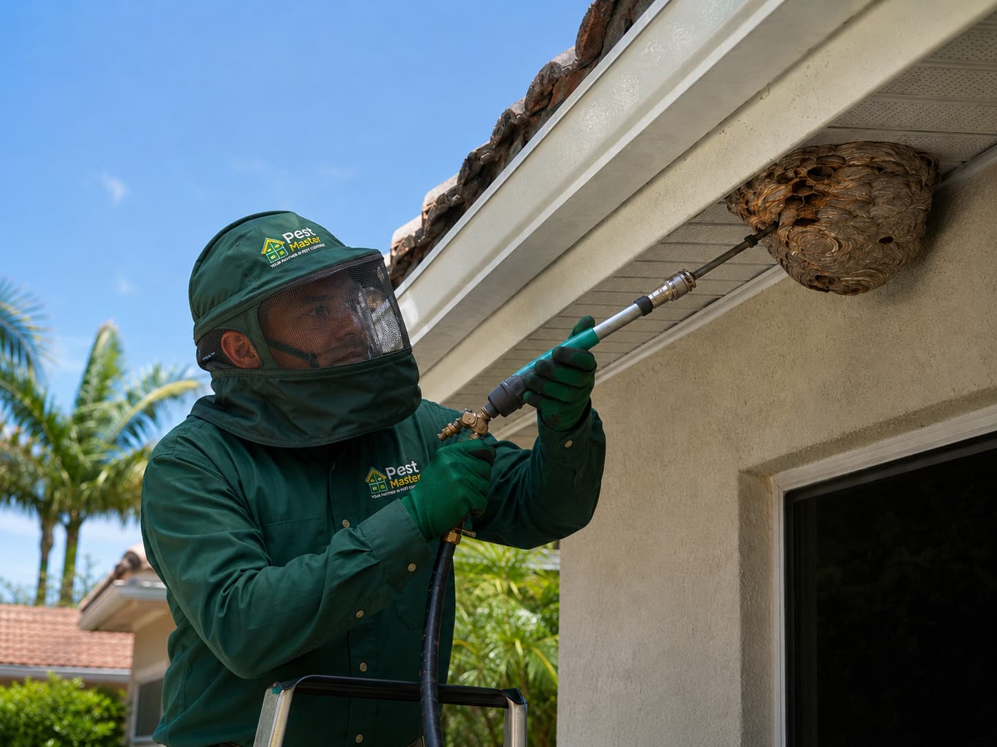 Técnico profesional inspeccionando un nido de avispas en una propiedad de Orlando