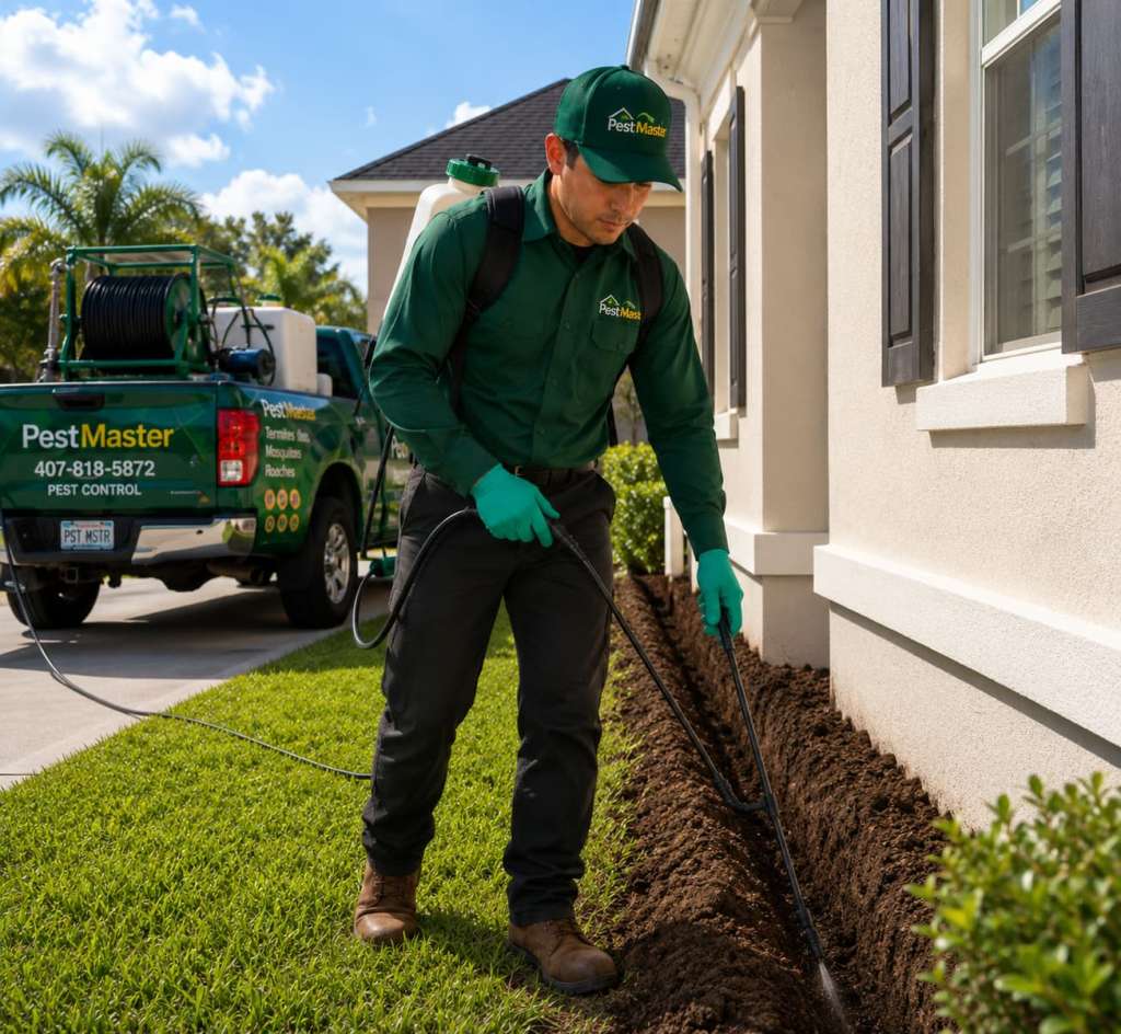Técnica de Pestmaster realizando protección contra termitas en Orlando.
