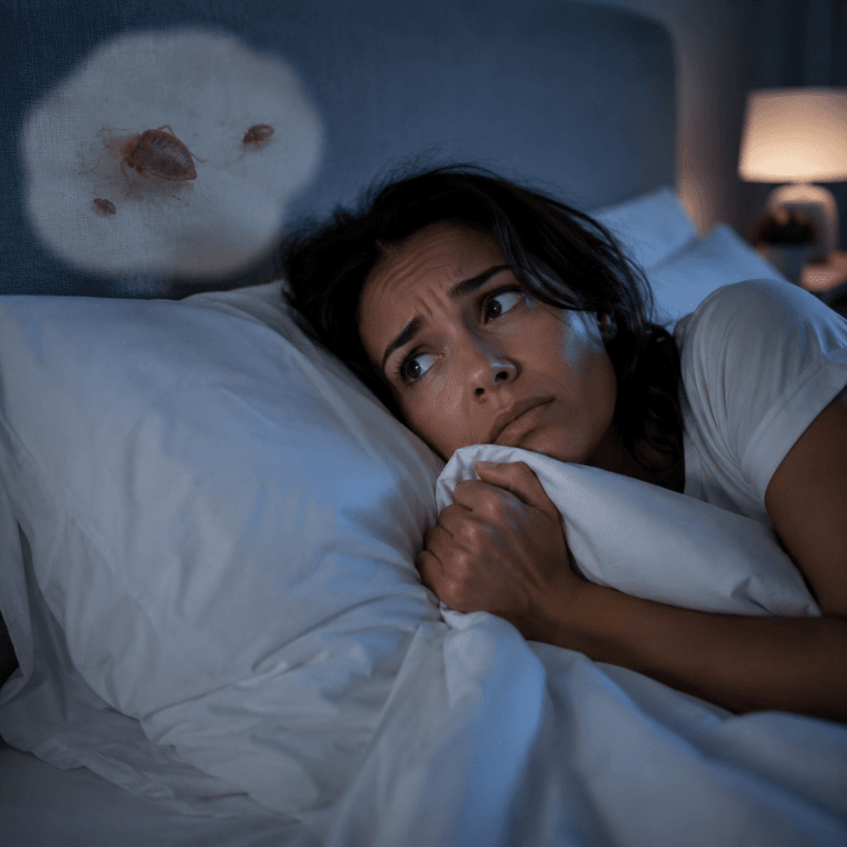 Propietaria preocupada que no puede dormir debido a una infestación de chinches.